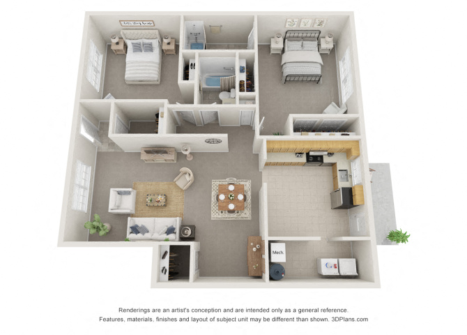 Floor plan for 2 beds, 2 baths, 1358 sqft